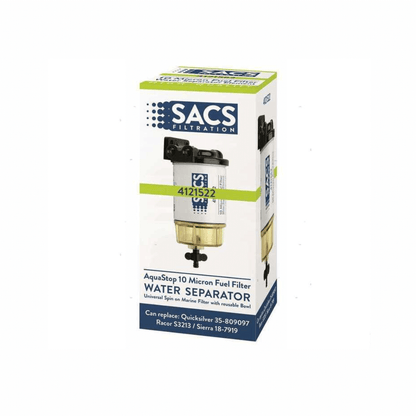 Filtro separatore acqua SACS AquaStop 10 micron con bowl trasparente dorato, confezione bianca e verde