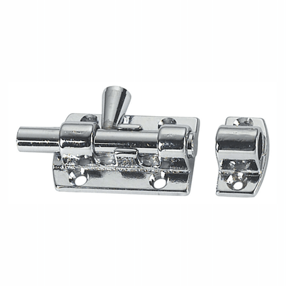 Catenaccio 60 mm in ottone cromato lucido con slitta e porta-catenaccio, finitura argento