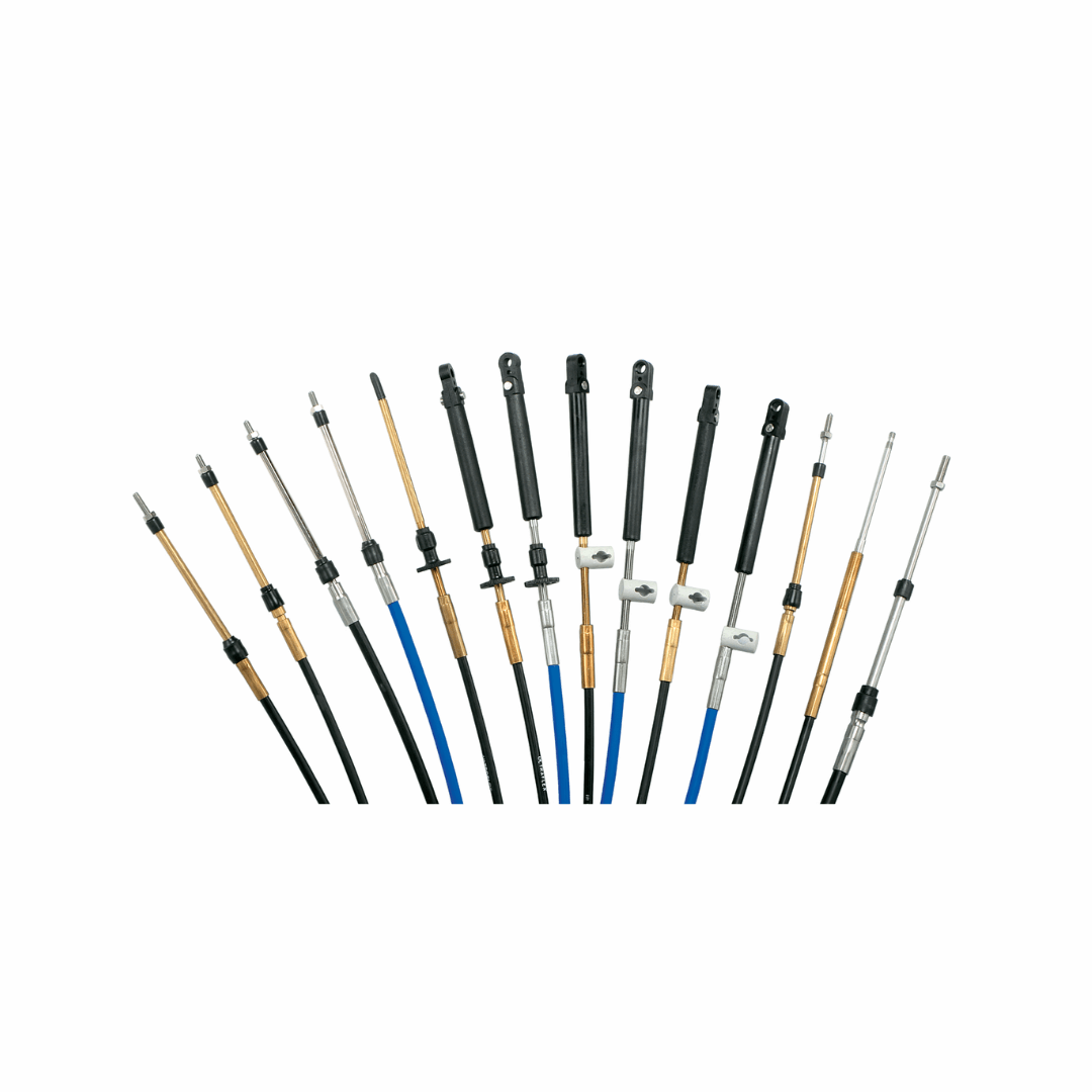 Assortimento cavi telecomando Ultraflex C8 Heavy Duty neri, blu e dorati con terminali metallici