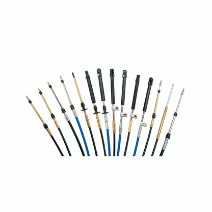 Assortimento cavi telecomando Ultraflex C8 Heavy Duty neri, blu e dorati con terminali metallici