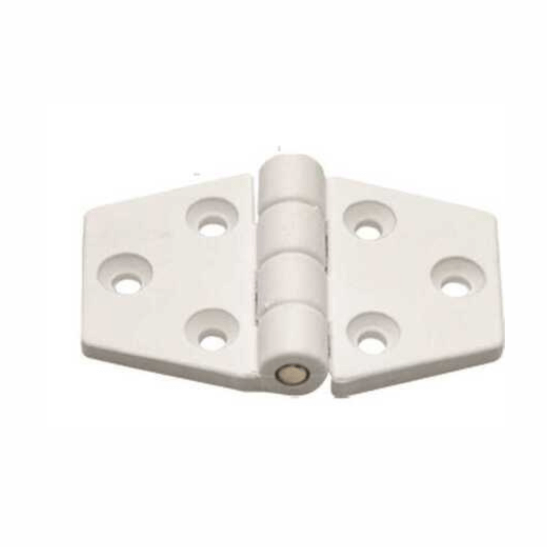 Cerniera a biscotto 40x63 mm in plastica bianca con 6 fori e perno centrale, vista frontale