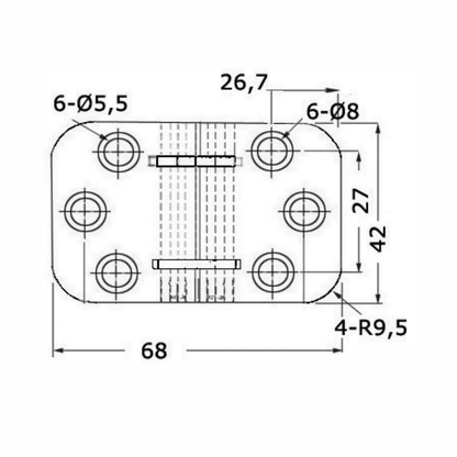 Scheda tecnica cerniera a filo inox 68x42 mm con fori, quote e raggi angolo