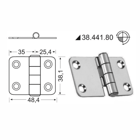 Scheda tecnica cerniera nodo sporgente inox 60,4x38,1 mm con disegno quotato e foto reale