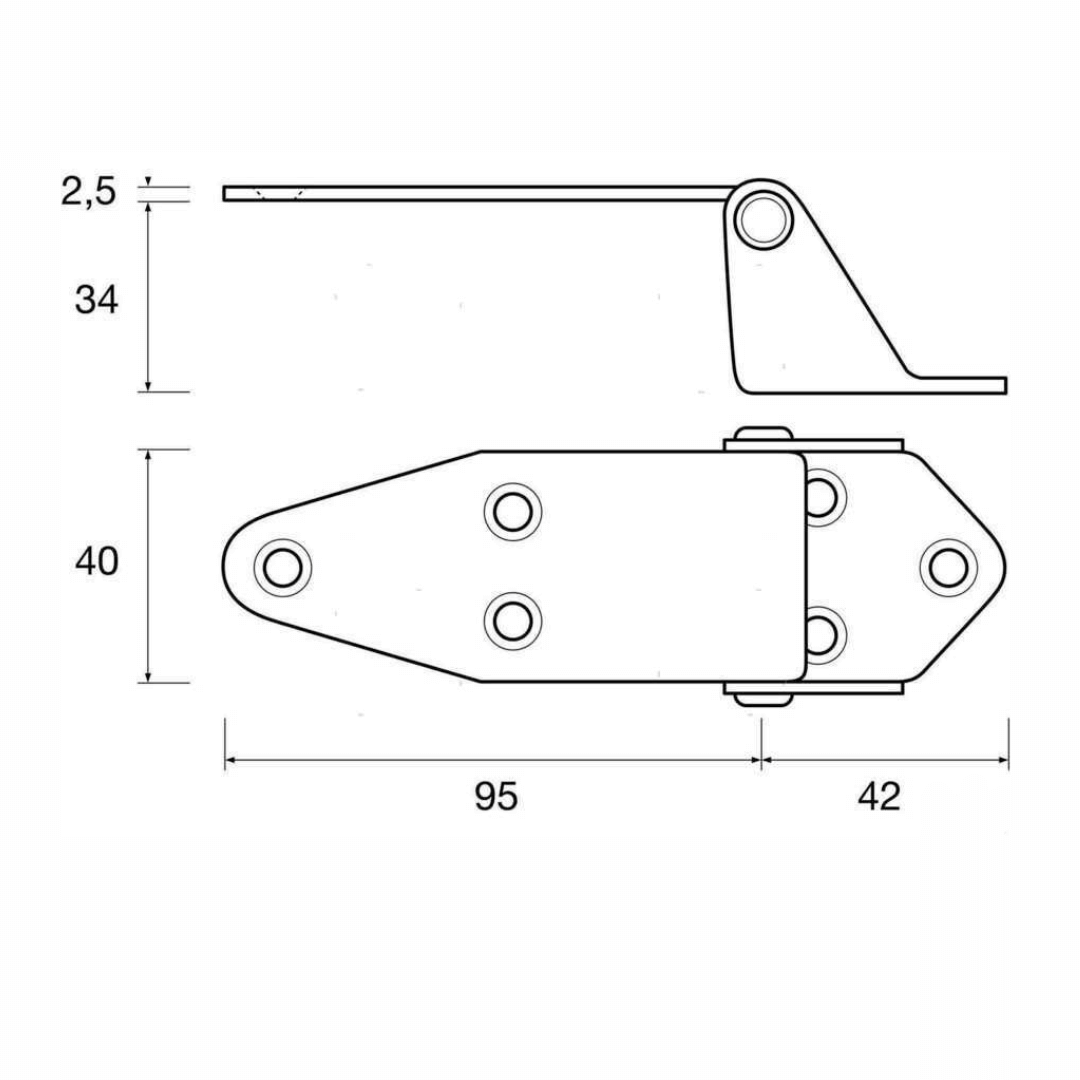 Scheda tecnica cerniera offset alta 40x95/42mm con quote dimensionali: spessore 2,5mm, altezza 40mm, lunghezze 95 e 42mm
