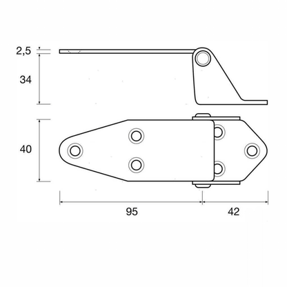 Scheda tecnica cerniera offset alta 40x95/42mm con quote dimensionali: spessore 2,5mm, altezza 40mm, lunghezze 95 e 42mm