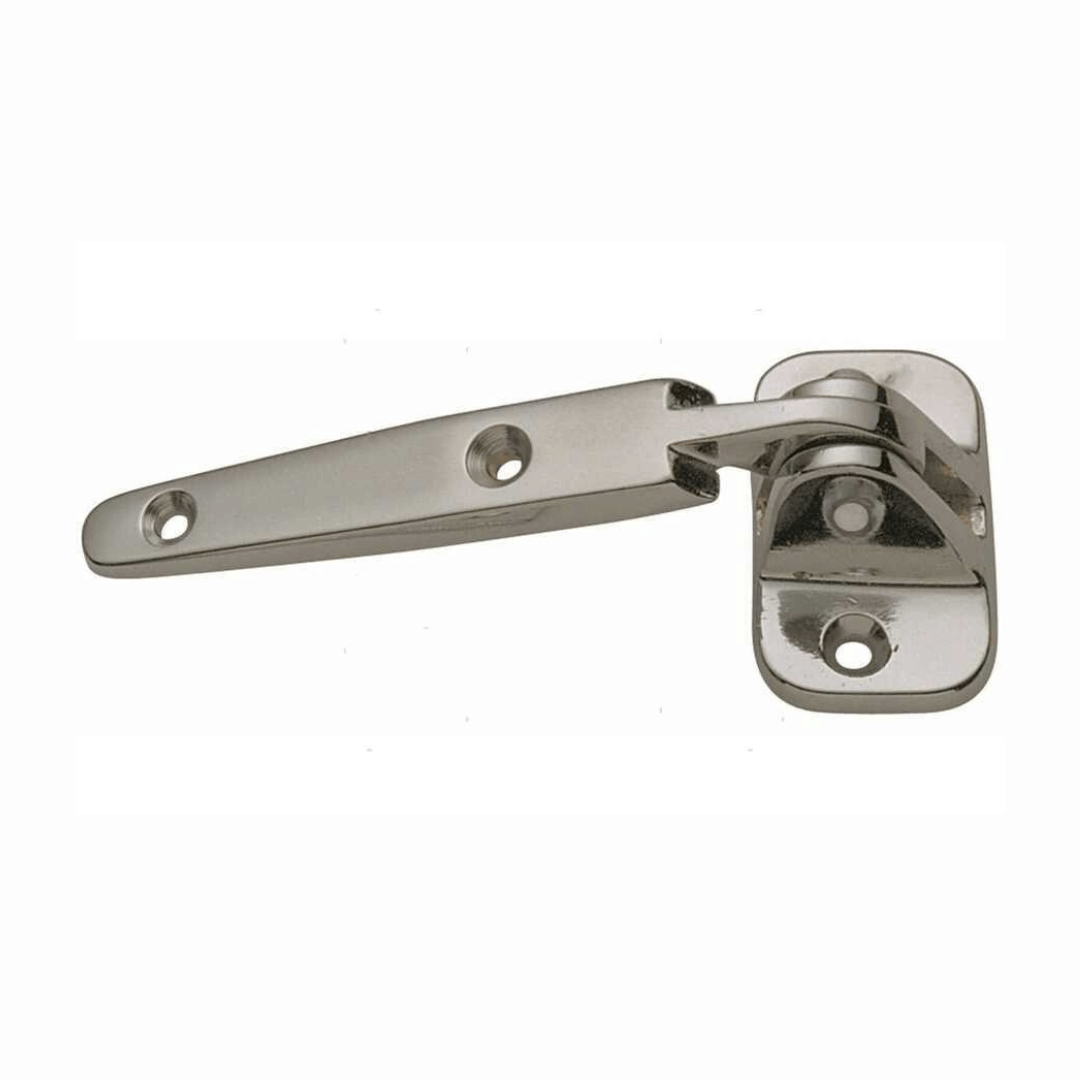 Cerniera offset long 135x58 in acciaio inox lucido con braccio allungato e piastra di fissaggio
