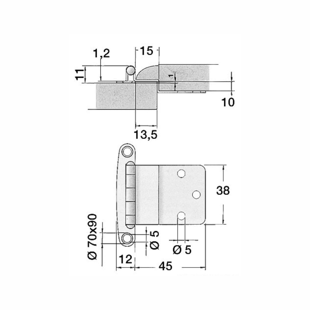 Scheda tecnica cerniera inox con sbalzo 57x44 mm, dimensioni e fori di fissaggio