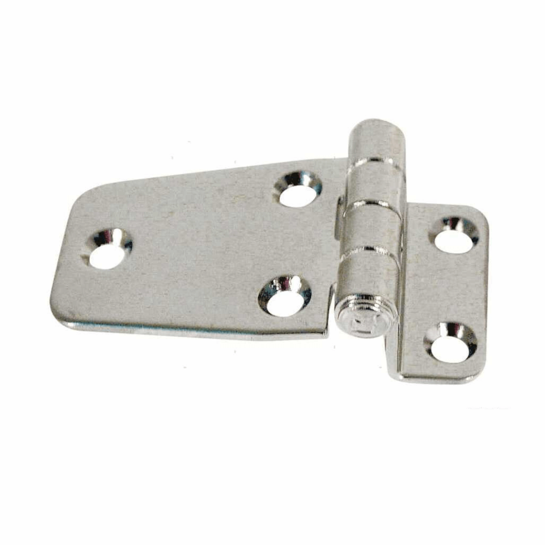 Cerniera offset long asimmetrica in acciaio inox cromato con perno centrale e 5 fori per viti