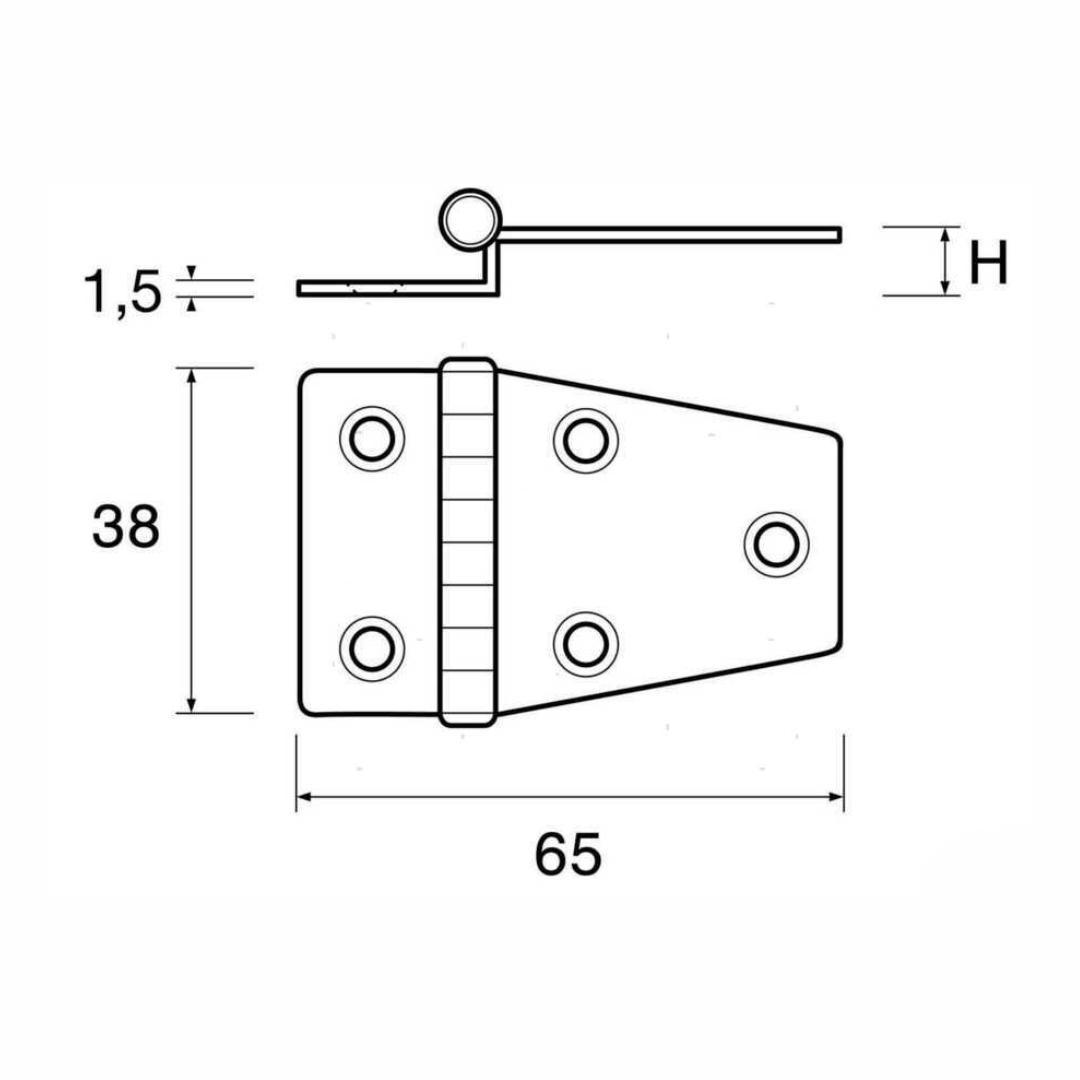 Scheda tecnica cerniera offset long con dimensioni 65x38mm, spessore 1,5mm e dettaglio perno