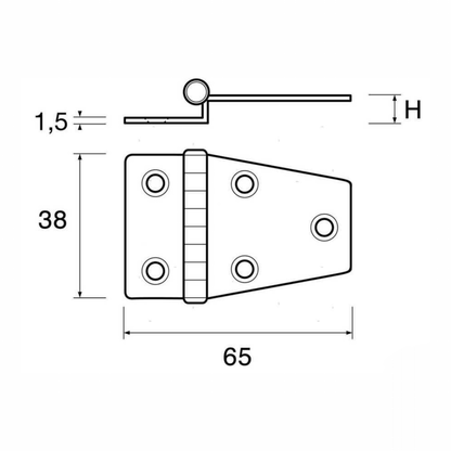 Scheda tecnica cerniera offset long con dimensioni 65x38mm, spessore 1,5mm e dettaglio perno