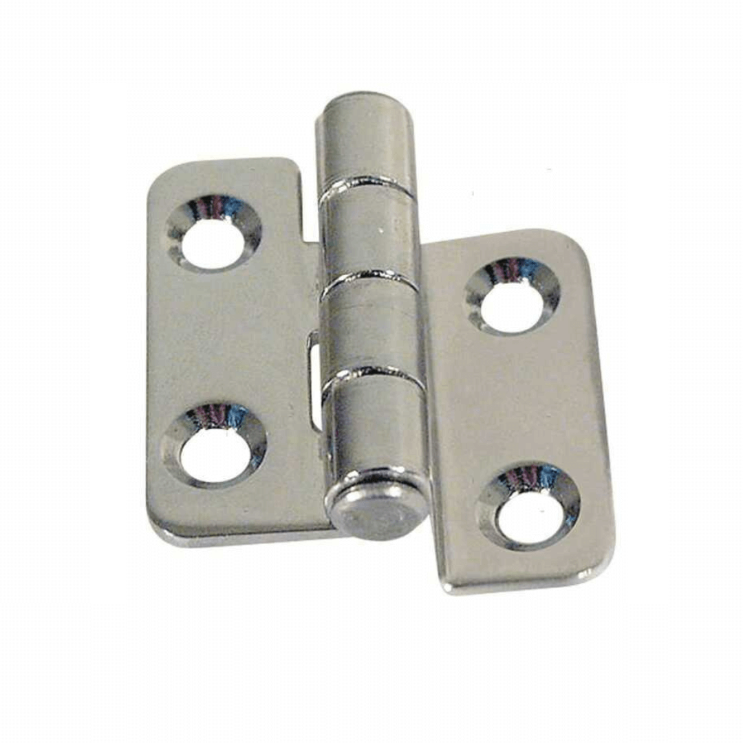 Cerniera offset mini in acciaio inox lucido con 4 fori per viti, forma asimmetrica