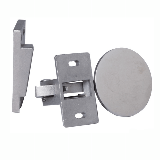 Cerniera chiusura per antine a scomparsa in acciaio inox color argento, con staffa e disco rotondo