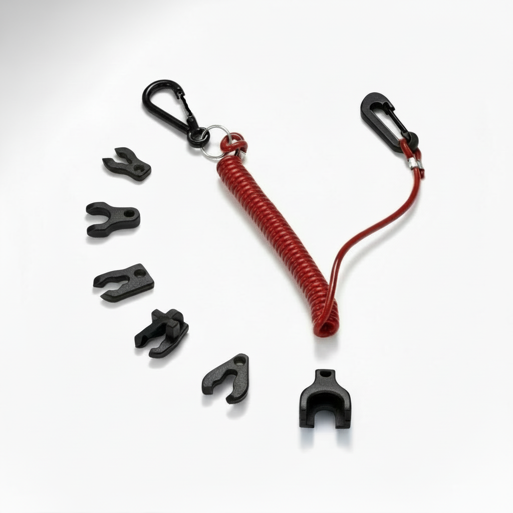 Chiavetta sicurezza Mercury Mariner nera con lacciolo spirale rosso, moschettoni e clip accessorie