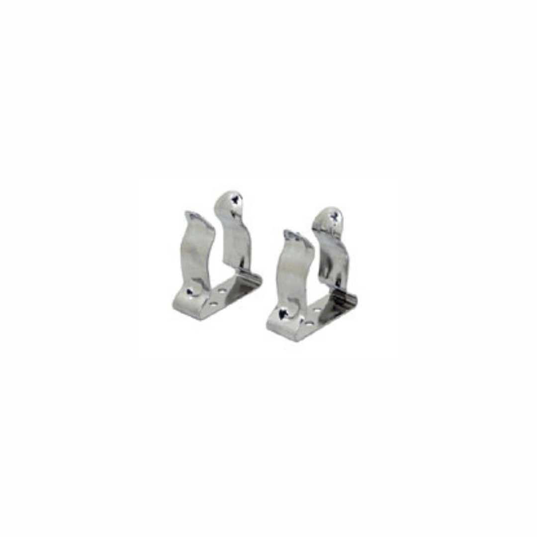 Coppia di clips inox lucide a molla con base forata, per tubi 22/28 mm