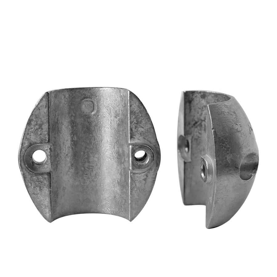 Collare zinco tipo L Ø 25mm barilotto bracciale, due pezzi semicircolari in lega grigia con fori passanti
