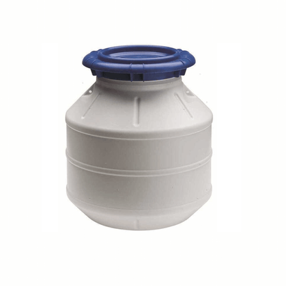 Contenitore waterproof 15 lt bianco in plastica con coperchio blu avvitabile, forma tondeggiante
