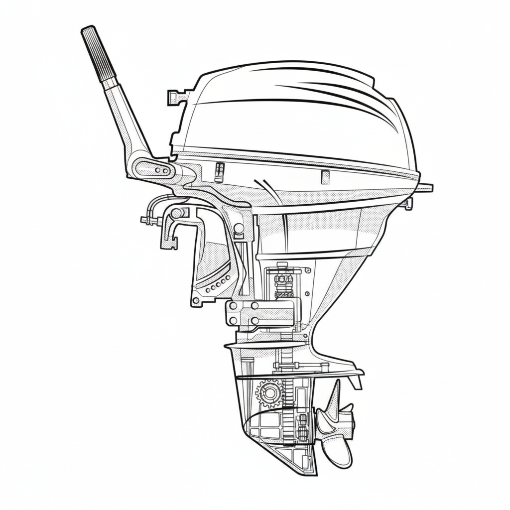 Disegno tecnico in bianco e nero di motore fuoribordo con sezione interna visibile, ingranaggi ed elica