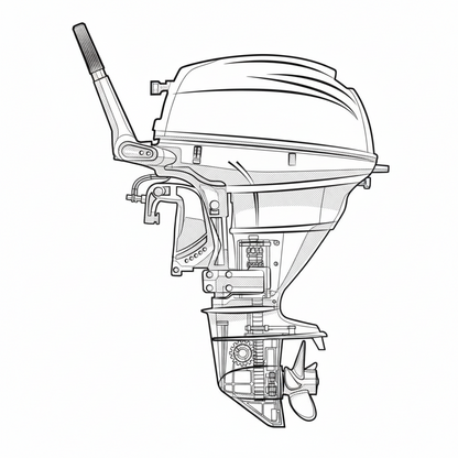 Disegno tecnico in bianco e nero di motore fuoribordo con sezione interna visibile, ingranaggi ed elica