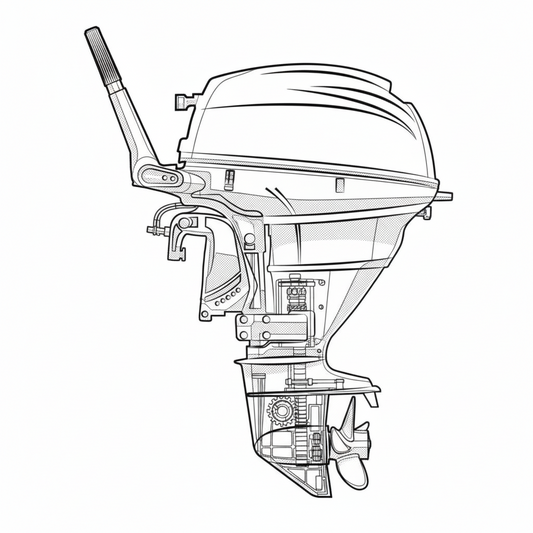 Disegno tecnico in bianco e nero di motore fuoribordo con sezione interna visibile, ingranaggi ed elica