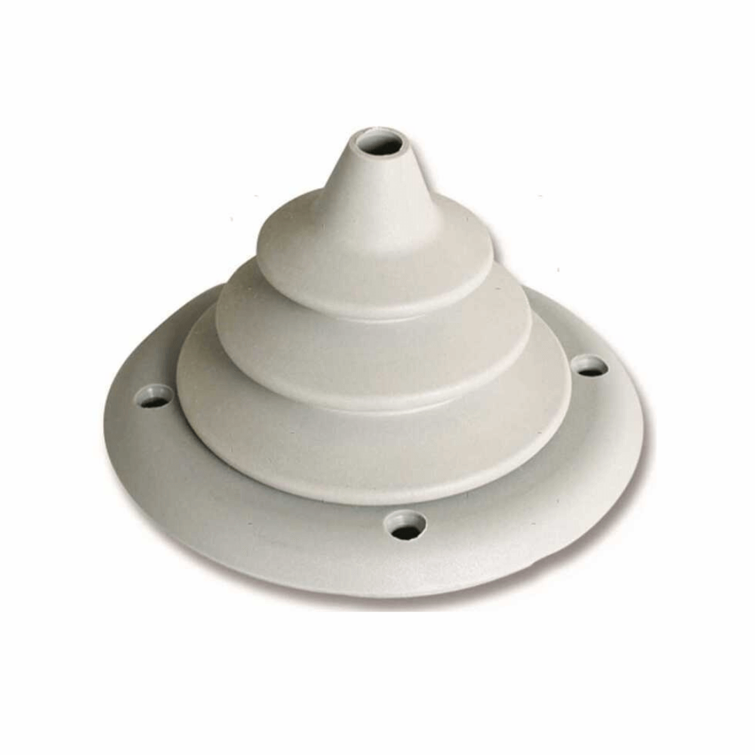 Cuffia passa paratia con ghiera bianca in plastica, forma conica a gradini con base circolare forata Ø105x65mm