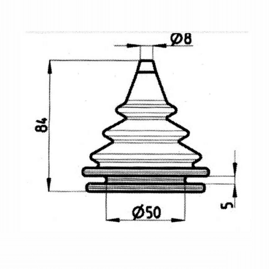 Scheda tecnica cuffia passa paratia grigia Ø50x84mm con dettaglio dimensioni foro Ø8mm e spessore 5mm