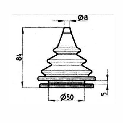 Scheda tecnica cuffia passa paratia grigia Ø50x84mm con dettaglio dimensioni foro Ø8mm e spessore 5mm