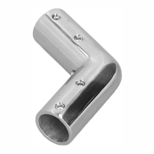 Curva 140° per tubolari in acciaio inox AISI 316 lucido, Ø 25 mm, con viti di fissaggio