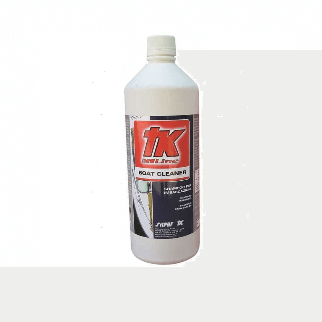 Flacone bianco 1L detergente shampoo TK Line Boat Cleaner per imbarcazioni con etichetta rossa e nera