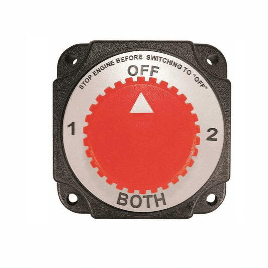 Deviatore staccabatterie HD nero con manopola rossa, posizioni OFF/1/2/BOTH, 280/380A