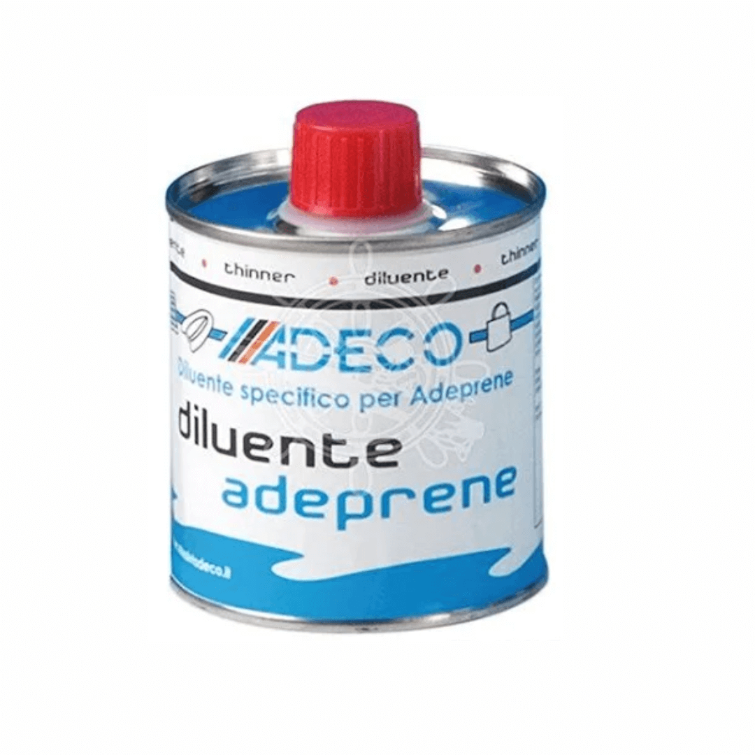 Barattolo metallico blu con tappo rosso Adeco Diluente Adeprene per collante neoprene
