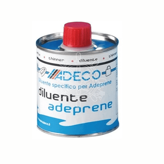 Barattolo metallico blu con tappo rosso Adeco Diluente Adeprene per collante neoprene