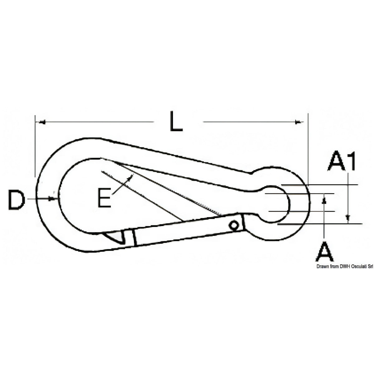 Disegno tecnico con le quote D, L, A1, A ed E del moschettone inox AISI 316