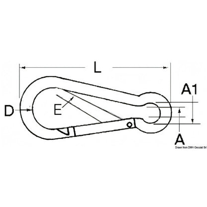 Disegno tecnico con le quote D, L, A1, A ed E del moschettone inox AISI 316