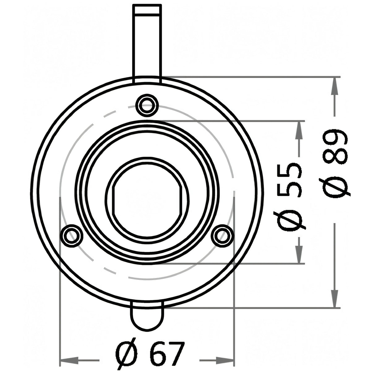 Disegno tecnico del vano per doccia Osculati bianco: foro di incasso Ø 67 mm, flangia Ø 89 mm, interno Ø 55 mm