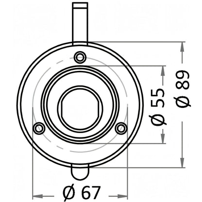 Disegno tecnico del vano per doccia Osculati bianco: foro di incasso Ø 67 mm, flangia Ø 89 mm, interno Ø 55 mm
