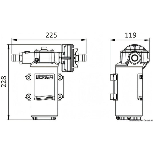 Disegno tecnico quotato della pompa Marco UP14 a ingranaggi in bronzo