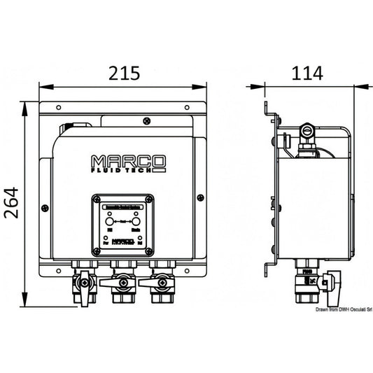 Disegno tecnico quotato del sistema cambio olio elettronico Marco OCS3/E
