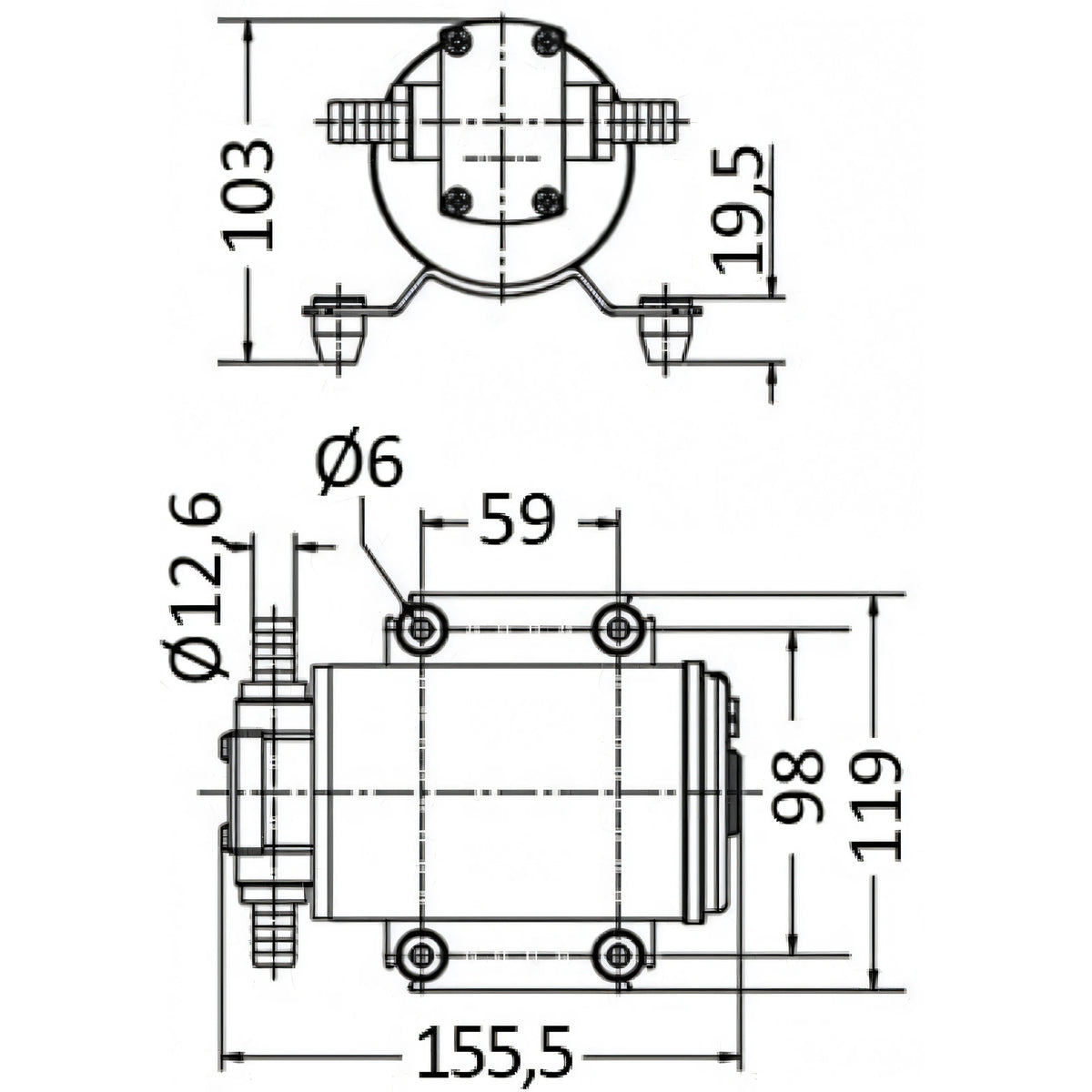 Disegno tecnico quotato della pompa autoadescante in bronzo Osculati