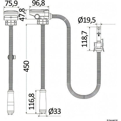 Disegno tecnico della pompa elettrica a batteria Seaflo per travaso liquidi