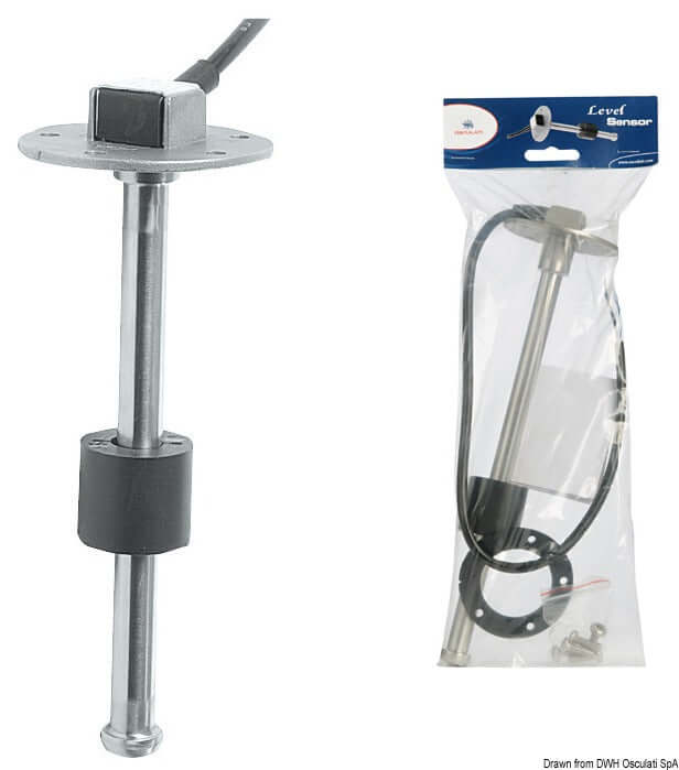 Sensore di livello verticale in acciaio inox con flangia e galleggiante cilindrico nero, in confezione