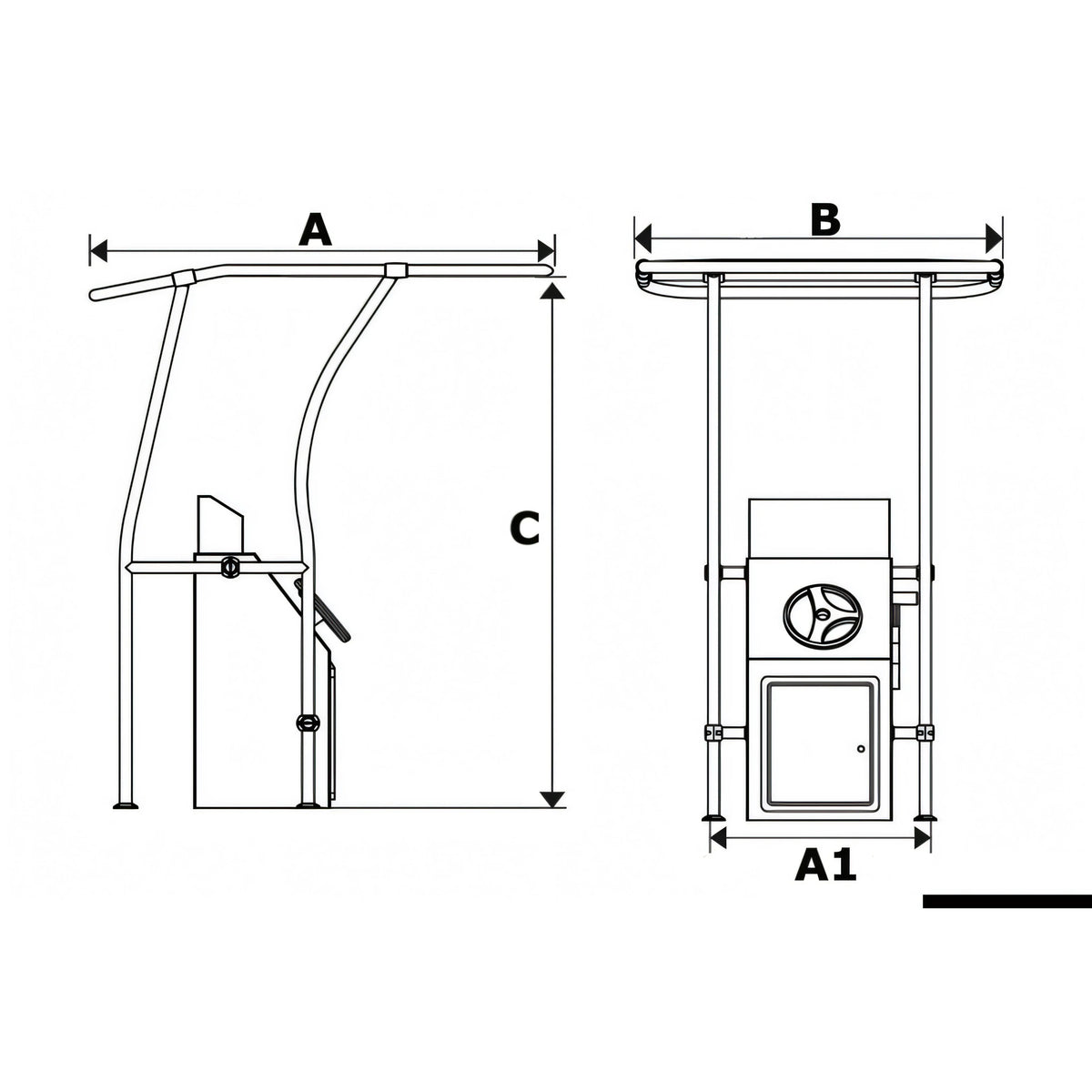 Disegno quotato del T-Top Osculati in alluminio retrattile con quote A, B, C e A1