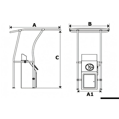 Disegno quotato del T-Top Osculati in alluminio retrattile con quote A, B, C e A1