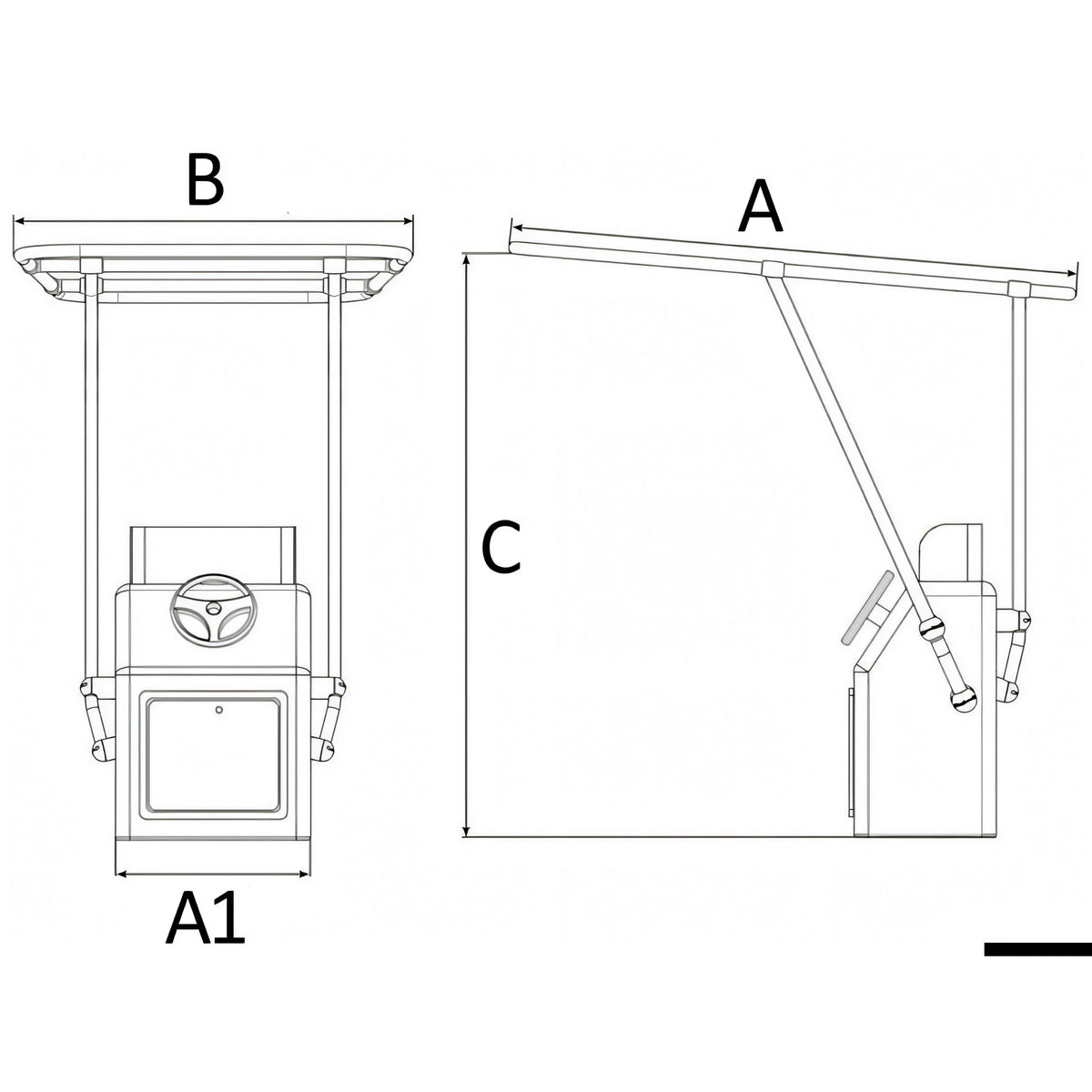 Disegno quotato del T-Top professionale Heavy Duty Osculati con quote A, B, C e A1