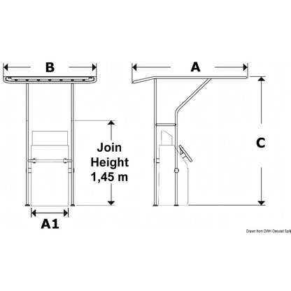 Disegno quotato del T-Top Osculati in lega leggera con quote A, B, C e A1