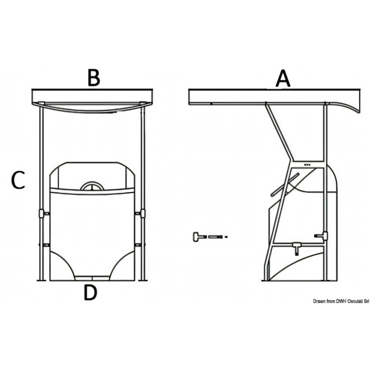 Disegno quotato del T-Top Osculati in acciaio inox con quote A, B, C e D regolabile