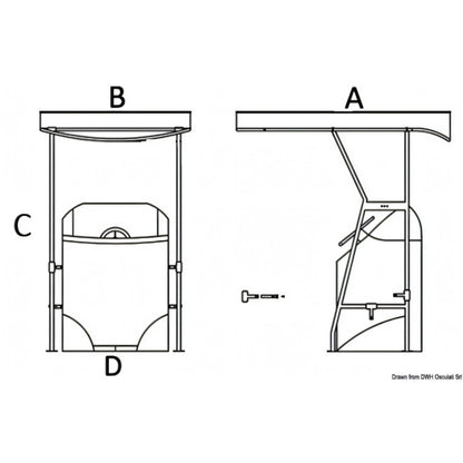 Disegno quotato del T-Top Osculati in acciaio inox con quote A, B, C e D regolabile