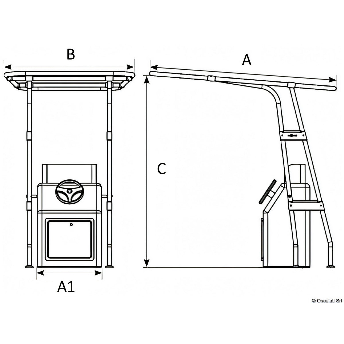 Disegno quotato del T-Top professionale Osculati con quote A, B, C e A1
