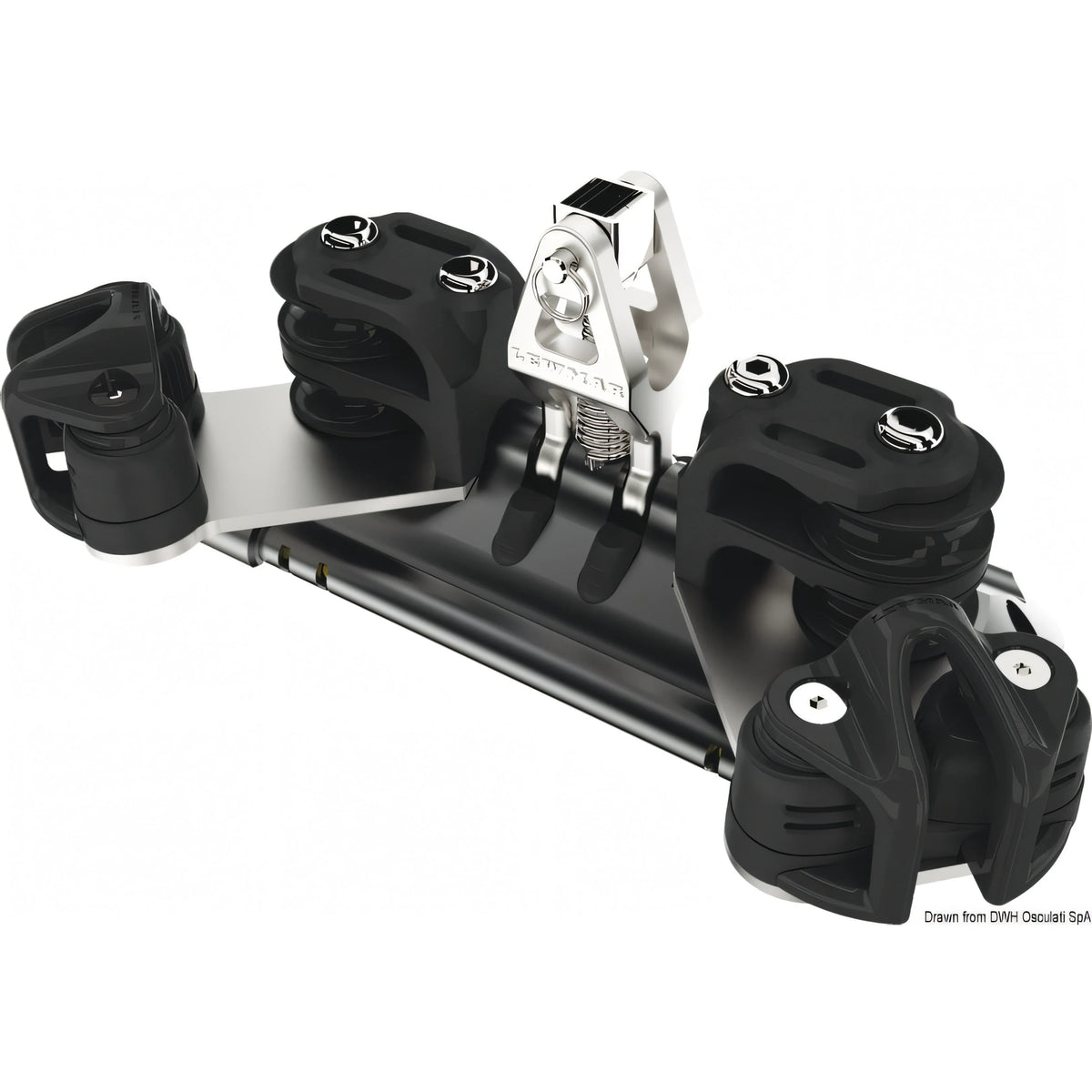 Carrello randa Lewmar NTR su sfere in Torlon con supporto verticale, pulegge doppie e strozzatore