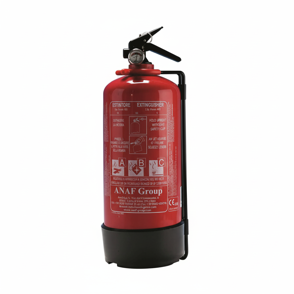 Estintore a polvere rosso ANAF Group con manometro, certificato MED/CE, classi A B C, su supporto nero