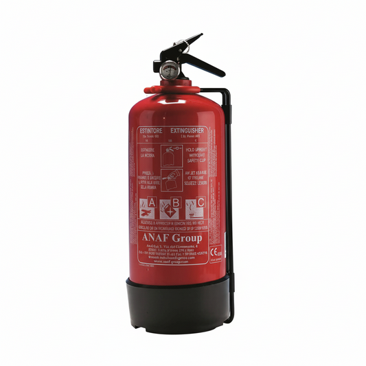 Estintore a polvere rosso ANAF Group con manometro, certificato MED/CE, classi A B C, su supporto nero
